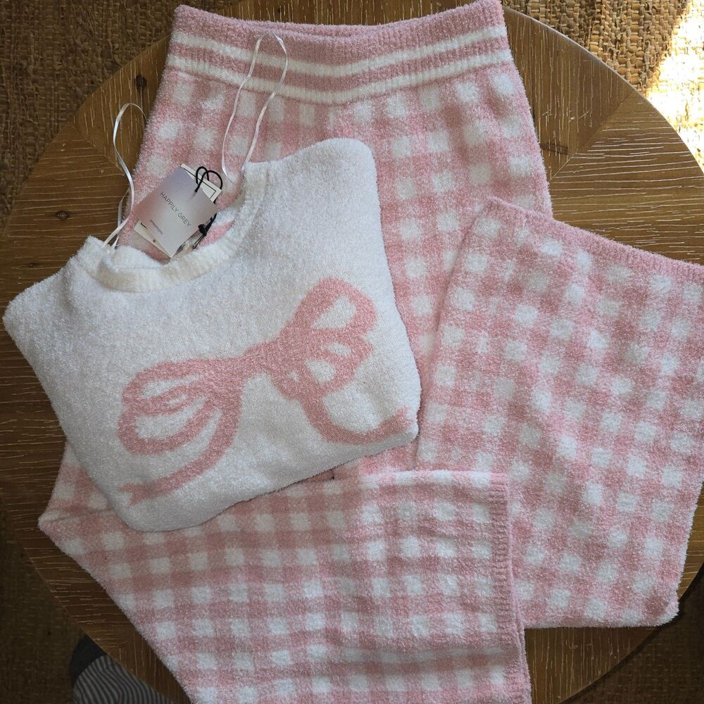 Happily Grey Plush Pajama Set – Girls Medium – Bow Top & Gingham Pants 0675